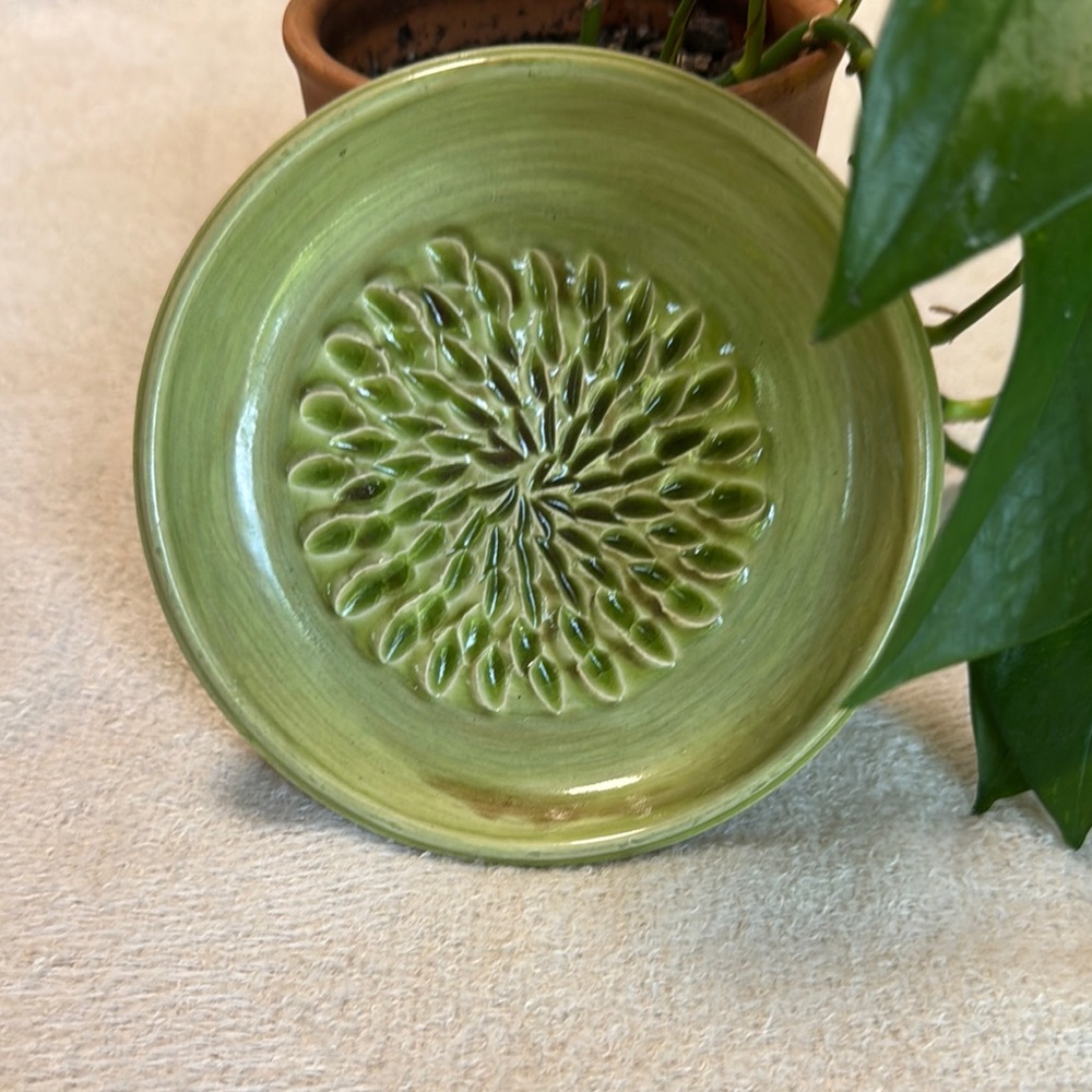 Green Ceramic Decorative Plate with a beautiful handmade flower design